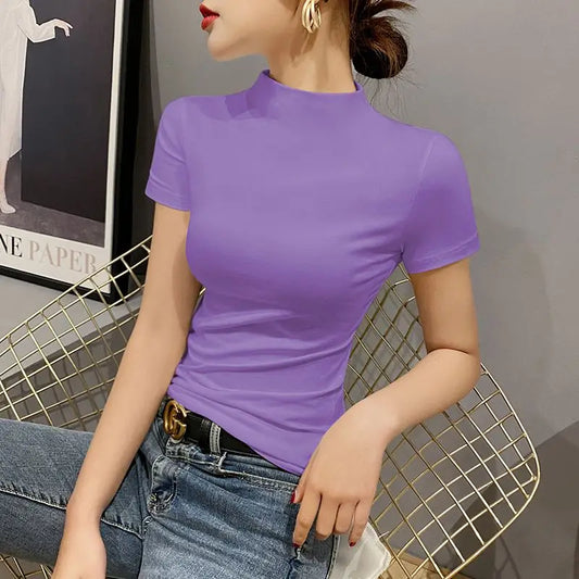 Luxury 2023 New Korean Style Women's Clothes High Neck Stretch Short Sleeve Tight-fitting T-shirt Summer Girls Ins Red  Tee Top