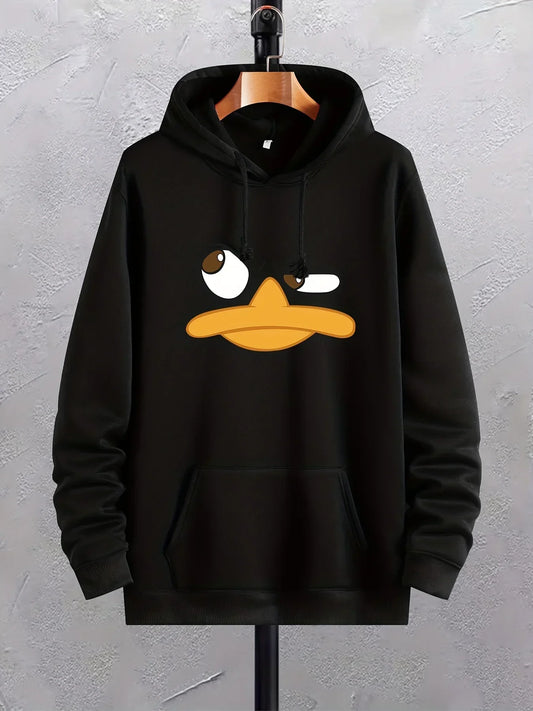 Cartoon Duck Pattern Print Interest Hoodies For Men With Kangaroo Pocket,Comfy Loose Ventilate Trendy Drawstring Hooded Pullover