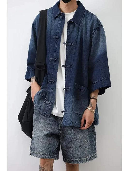 Japanese Vintage Denim Shirt Men's Loose-Fit Casual Half-Sleeve Top Trendy New 2024 Style Shanghai Fashion Week