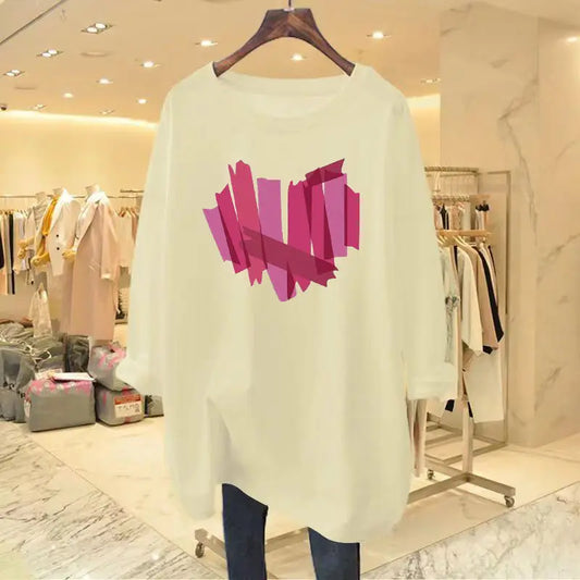 Women Clothing Chic Hand-Painted Love Print T-shirts Autumn Casual Loose O-neck Long Sleeve Pullover Lady Pure Cotton Top Tees