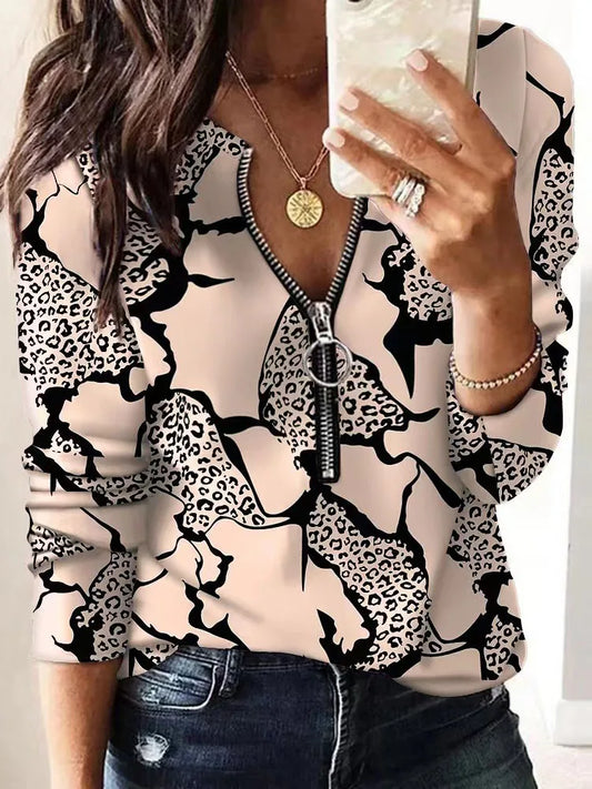 Women Shirts Autumn Elegant Women's Zipper Blouse Tops Spring Casual Print   Long Sleeve Pullover  T-shirt 3XL Female Clothing