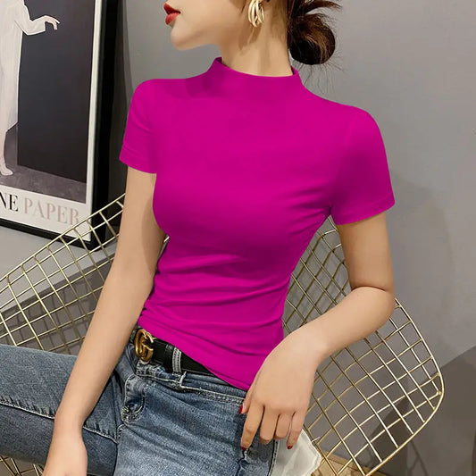 Luxury 2023 New Korean Style Women's Clothes High Neck Stretch Short Sleeve Tight-fitting T-shirt Summer Girls Ins Red  Tee Top