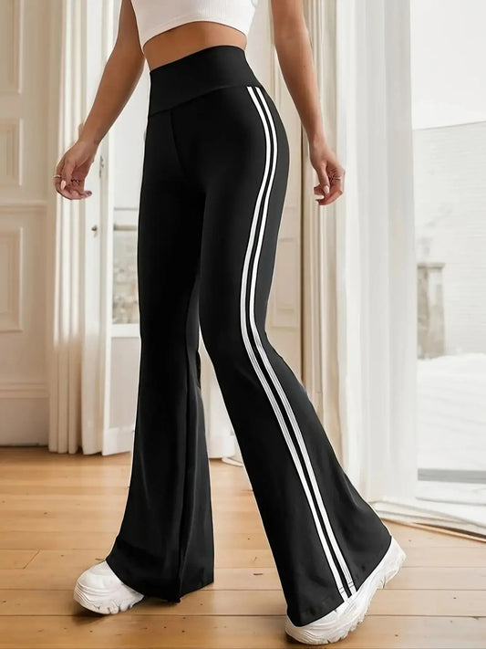 Side Striped Flare Leg Pants, Casual High Waist Pants, Women's Clothing