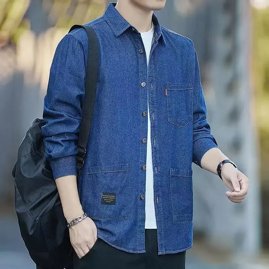 Men's Long Sleeve Loose-fit Denim Shirt Casual Fashionable Jacket Trendy Brand Cool Shirt Fully Buttoned-up Workwear