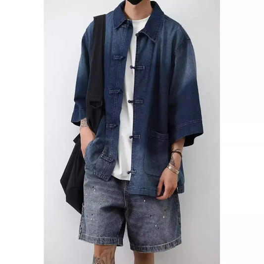 Japanese Vintage Denim Shirt Men's Loose-Fit Casual Half-Sleeve Top Trendy New 2024 Style Shanghai Fashion Week