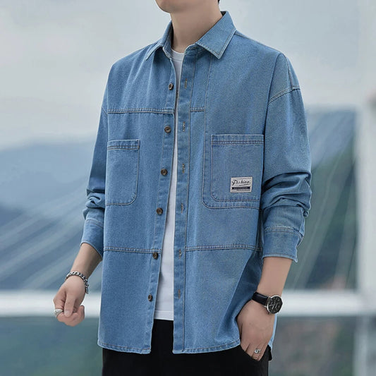 Autumn Thin Denim Shirt Men's Long Sleeve Casual Fashion Versatile Light Blue Loose Solid Color Shirt