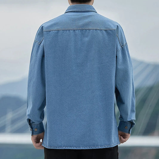 Autumn Thin Denim Shirt Men's Long Sleeve Casual Fashion Versatile Light Blue Loose Solid Color Shirt